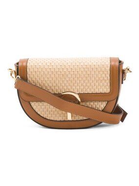 CHEVAL Leather Round Flap Straw Crossbody
